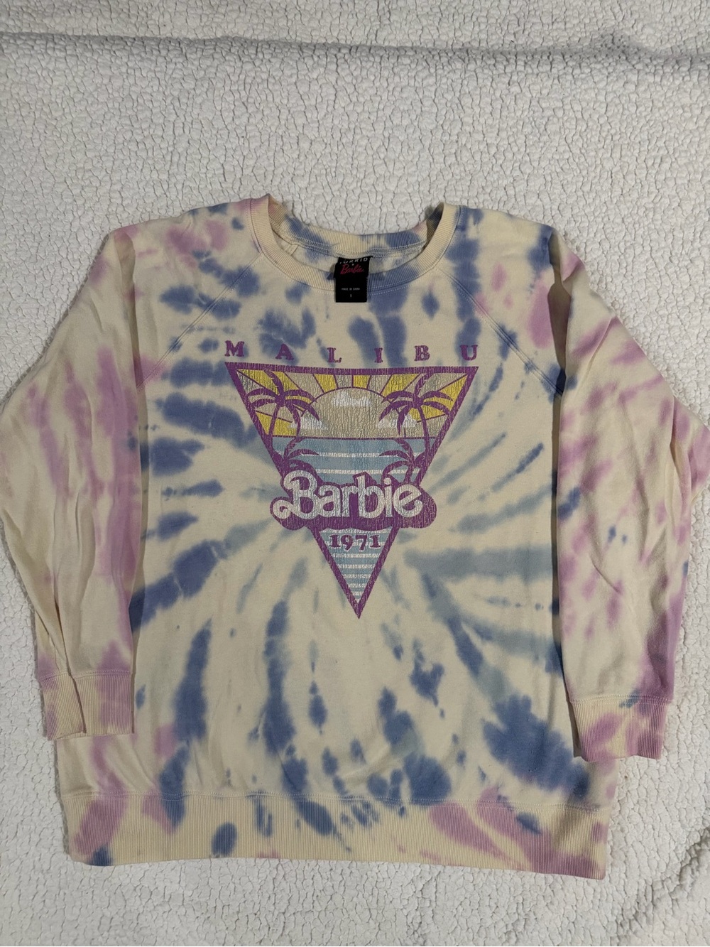 torrid Tie-Dye Barbie Graphic Crewneck Sweatshirt — Cream, Blue & Purple